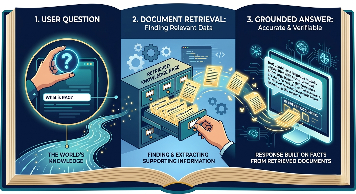 RAG pipeline diagram showing three stages: retrieval from vector database, augmentation of LLM prompt, and generation of grounded response