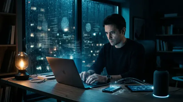 Person at laptop in dark room surrounded by glowing devices, contemplative mood about data privacy