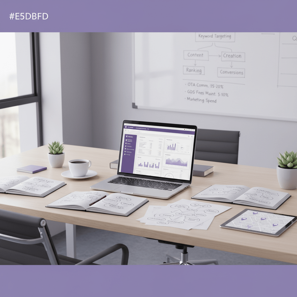 Hotel marketing workspace with keyword research notes and OTA fee analysis