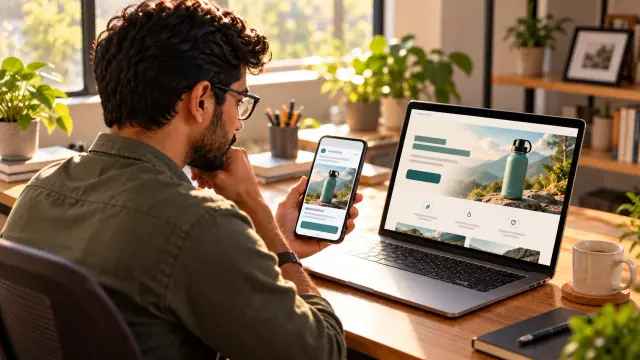 Marketer in India comparing a search ad with its matching landing page on a laptop