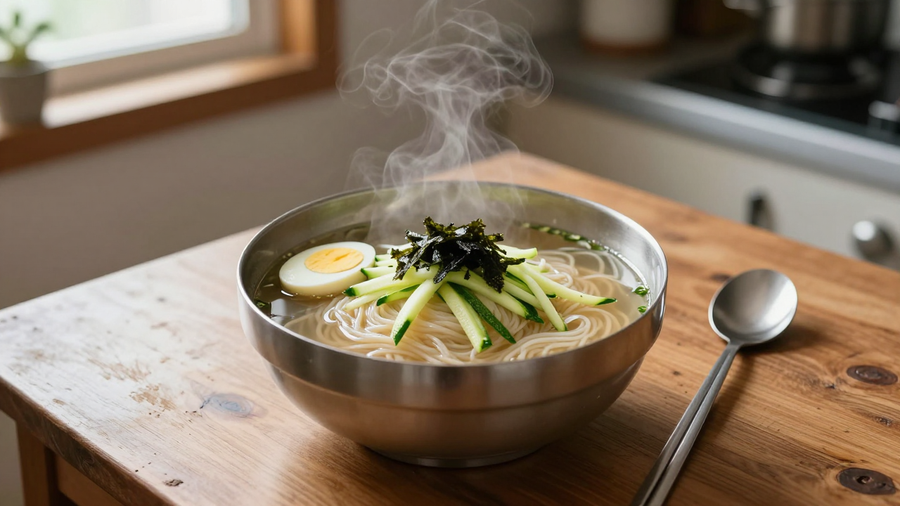 따뜻한 오후 햇살 아래 나무 식탁에 놓인 잔치국수, 얇은 면과 맑은 육수에 달걀 채와 애호박, 김 가루가 올라가 있다