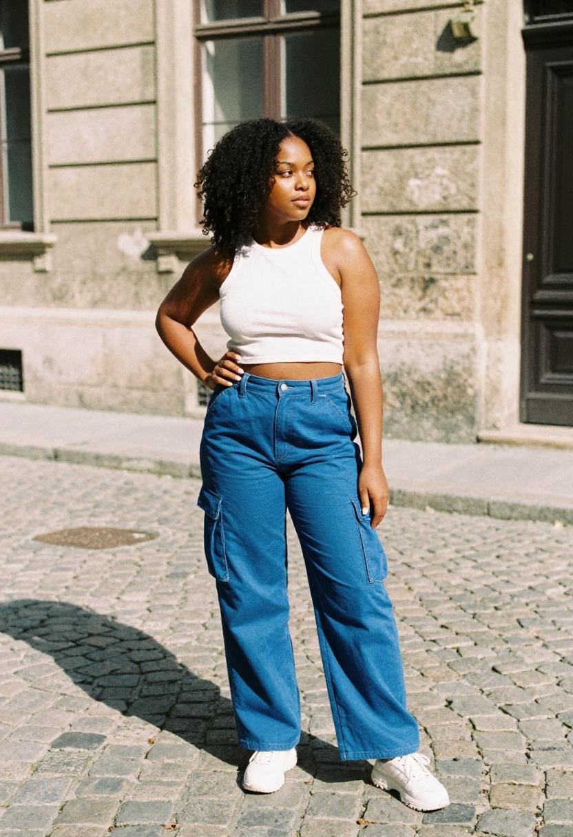 Cobalt blue wide-leg cargo pants with white crop top street style