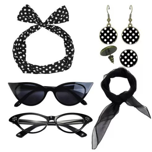 Black 6 Piece Vintage Polka Dot Party Kit Accessories Set - 1950s Retro Costume with Cat Eye Sunglasses, Headband, Earrings, Studs and Neck Scarf for Cosplay and Themed Events