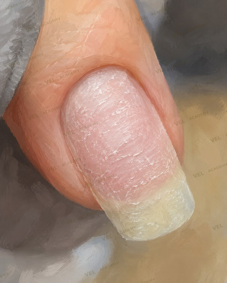 Correctly prepared nail plate before base coat application Russian manicure