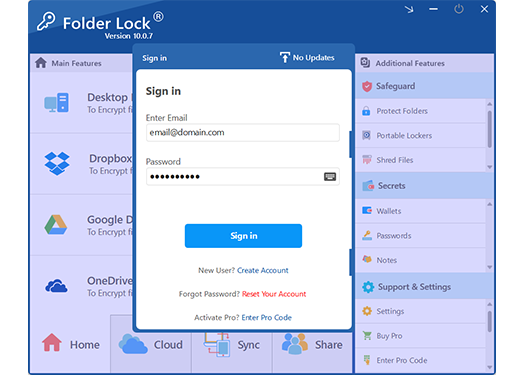 Folder Lock 10 main dashboard interface for securing USB financial files
