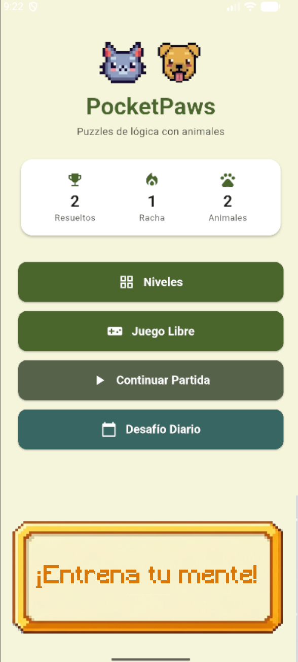 Pantalla de inicio de PocketPaws
