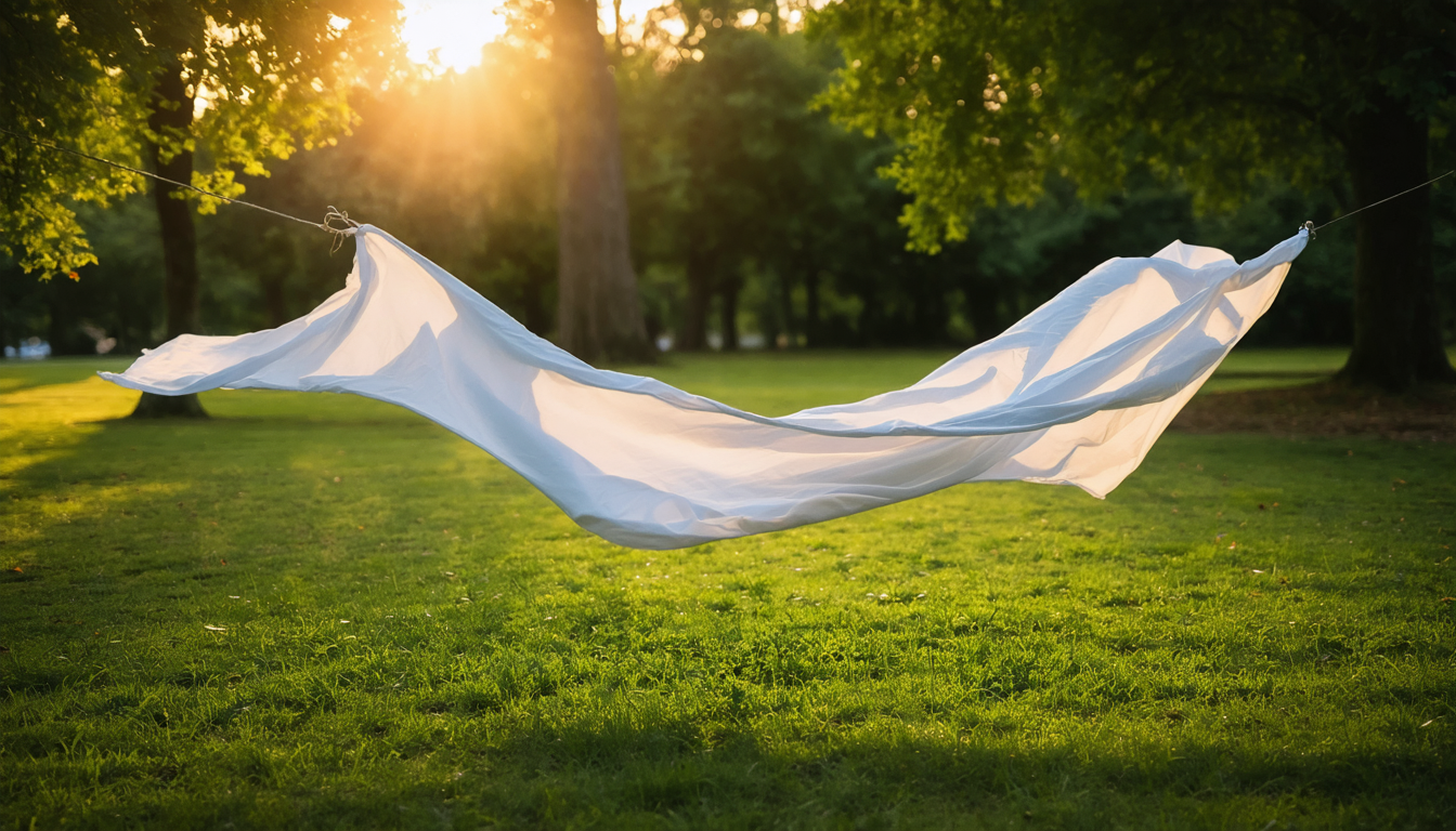 A single white bedsheet caught mid-air by wind in an empty green park, partially folded but coming undone, with no people visible.
