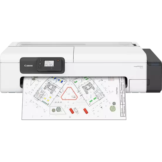 Canon imagePROGRAF TC-21 printer featured in a gallery image, highlighting its compact design and precision in large-format printing