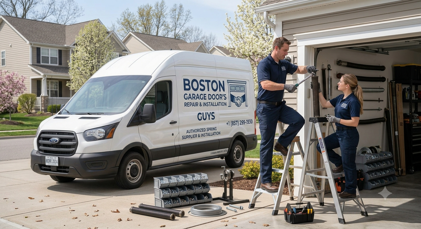 Boston garage door technicians replacing a torsion spring