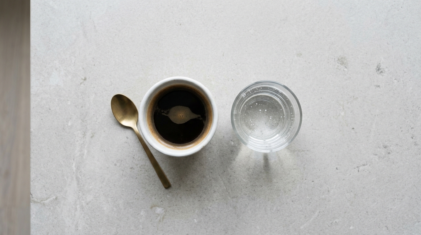 Overhead shot of a small black coffee and a glass of water on a pale stone surface