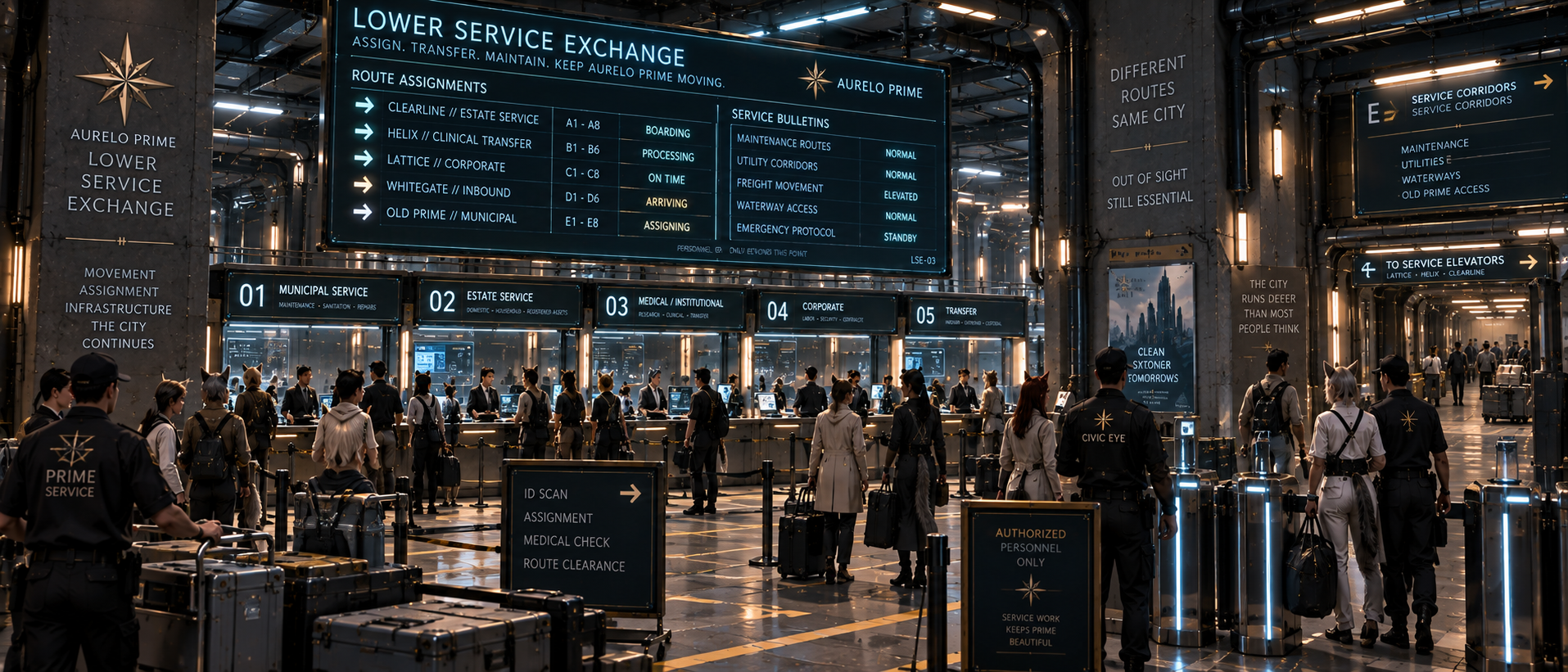 The Lower Service Exchange beneath Aurelo Prime, where workers and custodial transfers are assigned to service routes.