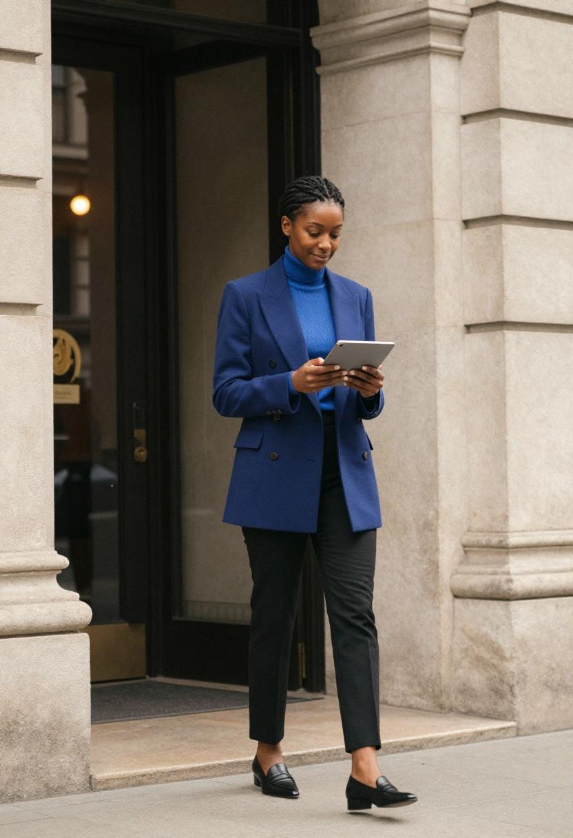 Cobalt turtleneck with a biscuit double-breasted blazer for executive spring professional style