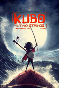 The poster for Kubo and the Two Strings, depicting Kubo holding aloft the Sword Unbreakable against the full moon and cresting waves