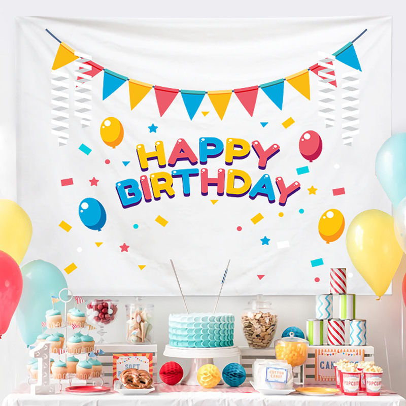 Cartoon Birthday Wall Tapestry Banner(Flag and balloon style) - Colourful Happy Birthday Backdrop Hanging Cloth with Installation Accessories for Party Bedroom Dorm Room Decoration