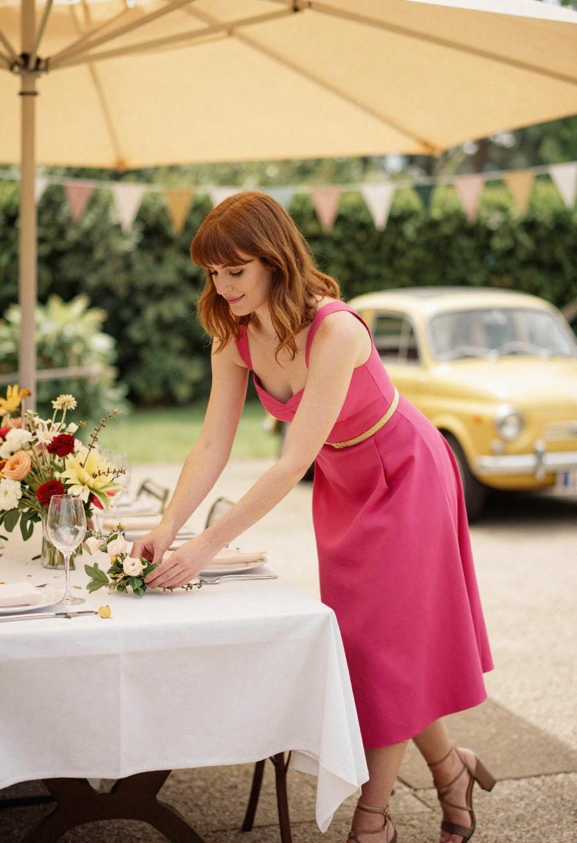 Fuchsia sweetheart midi dress with gold belt for outdoor summer wedding