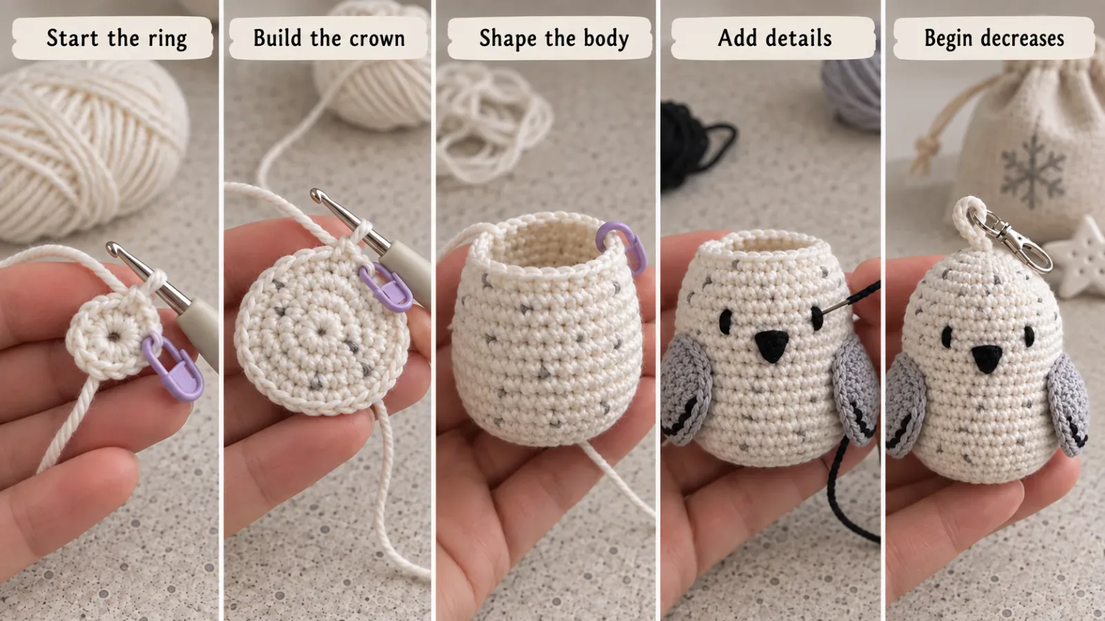 Snowy Owl Pocket Plush crochet step collage