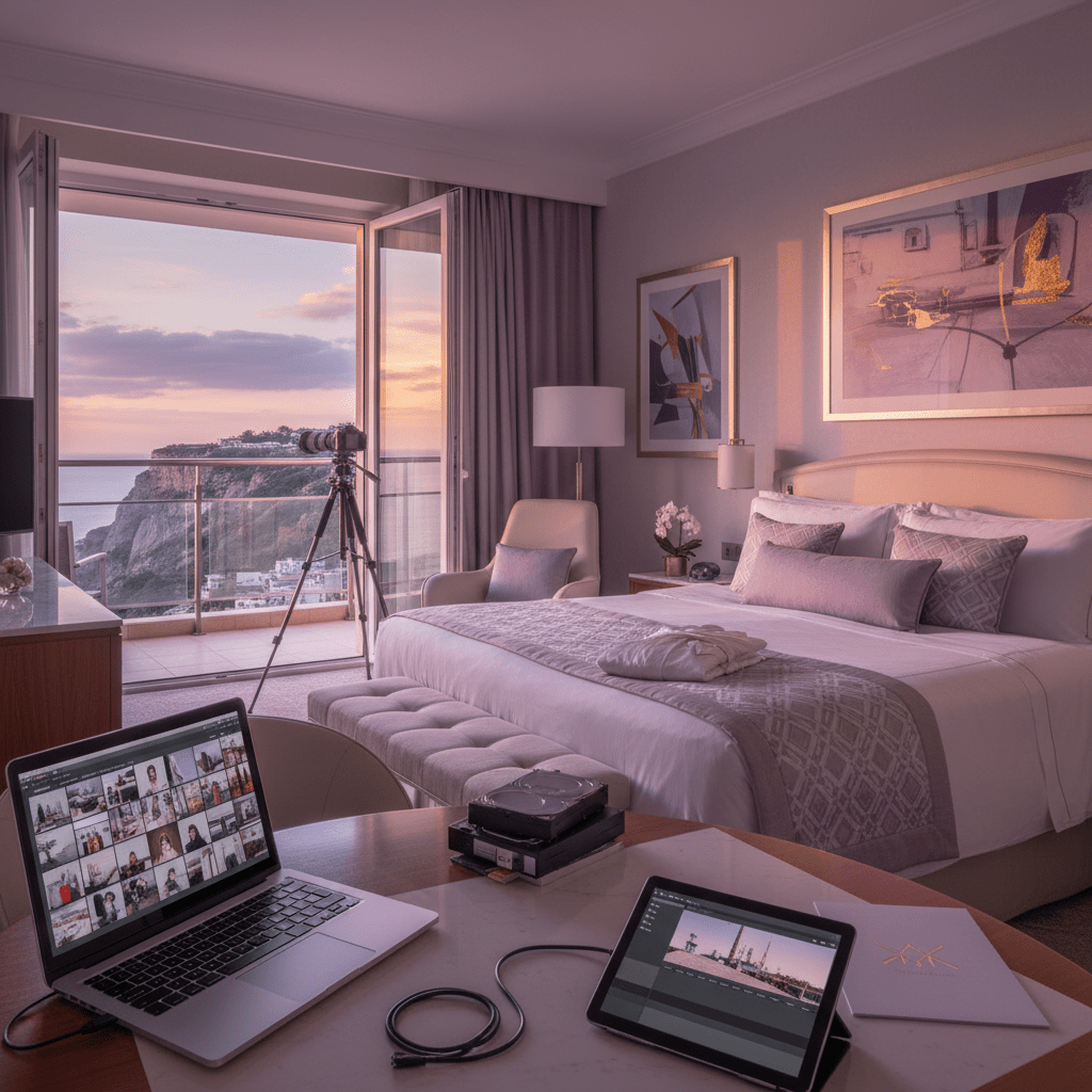 A hotel room staging scene with high-resolution bedding, balcony view, camera, and organized media assets