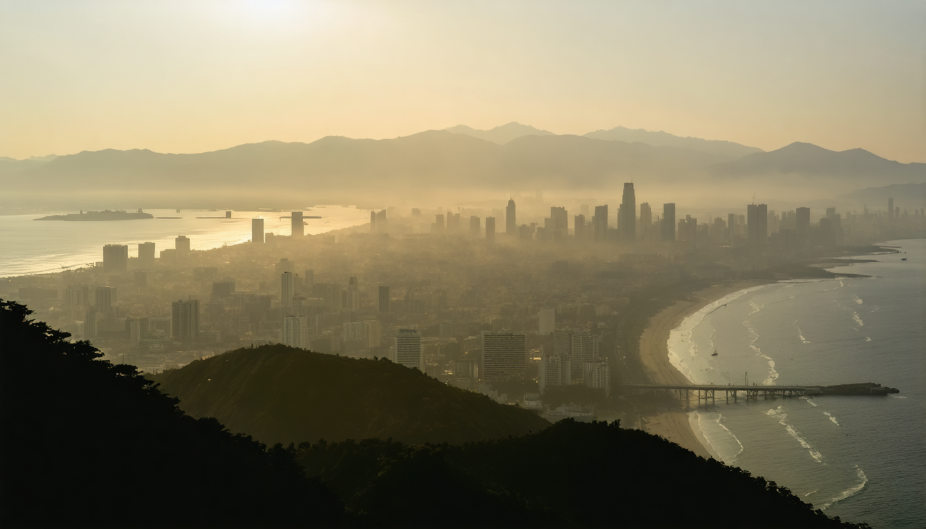 Hazy orange sky over a city skyline with mountains barely visible through thick wildfire smoke.