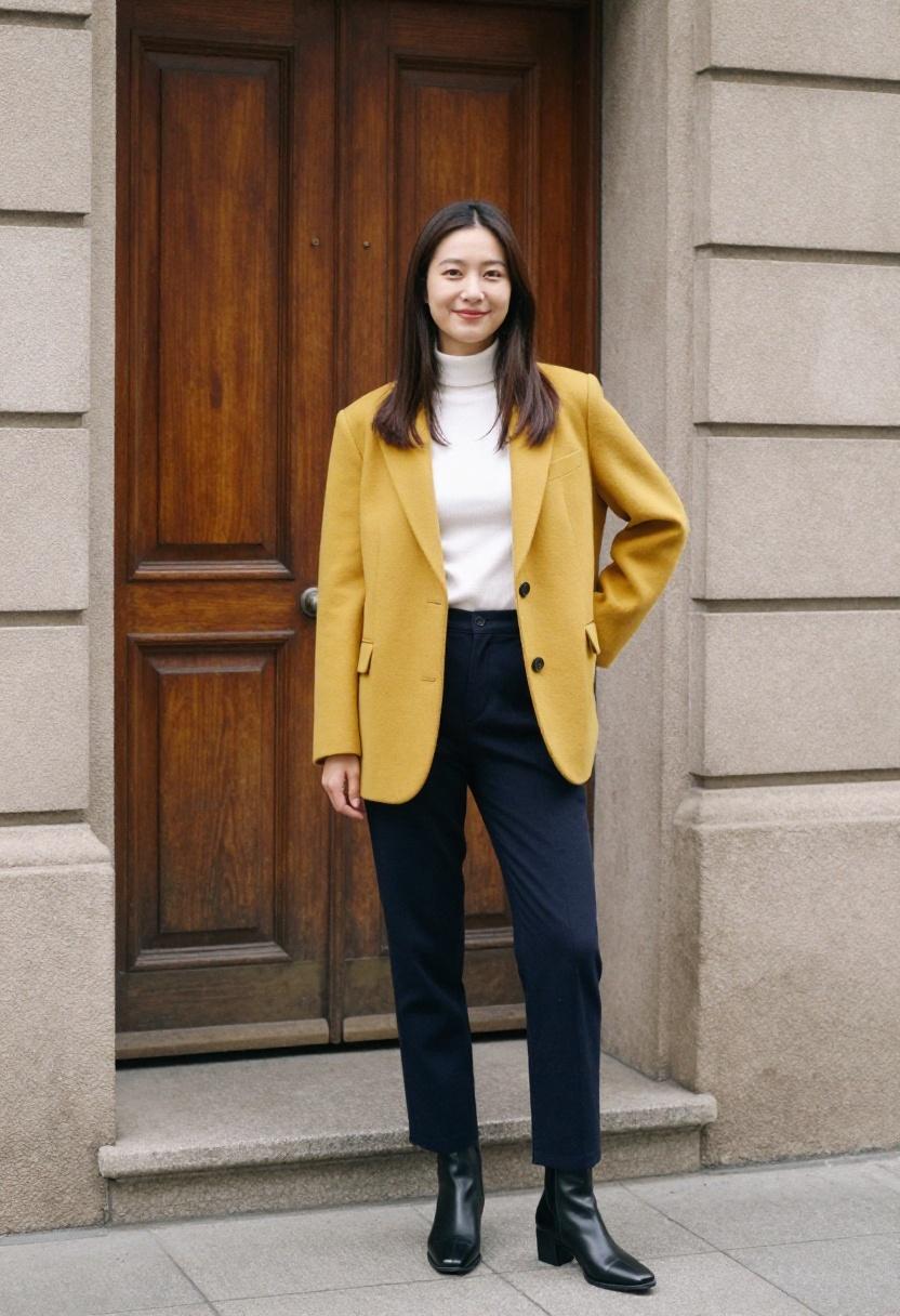 Mustard yellow blazer with black square toe boots against stone building for a polished urban spring statement