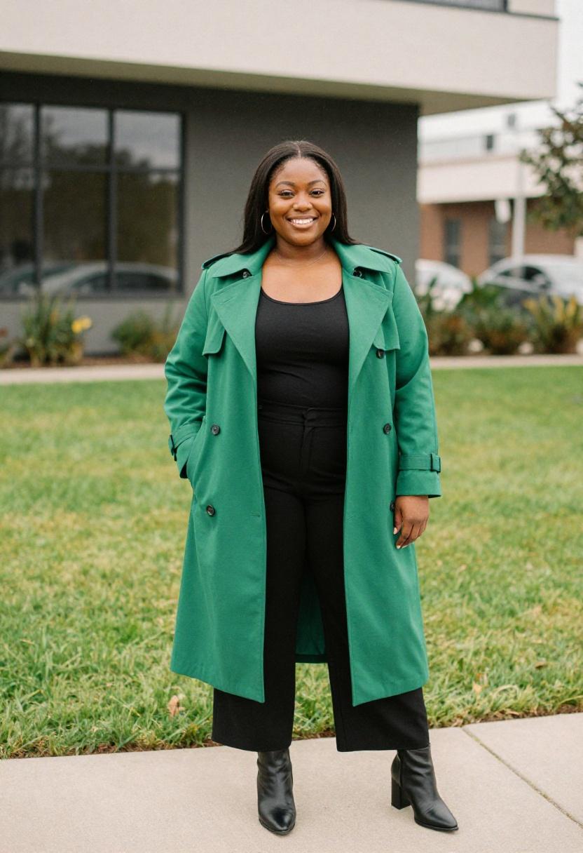 Emerald green belted trench coat with wide-leg pants showing bold outerwear flattering every figure