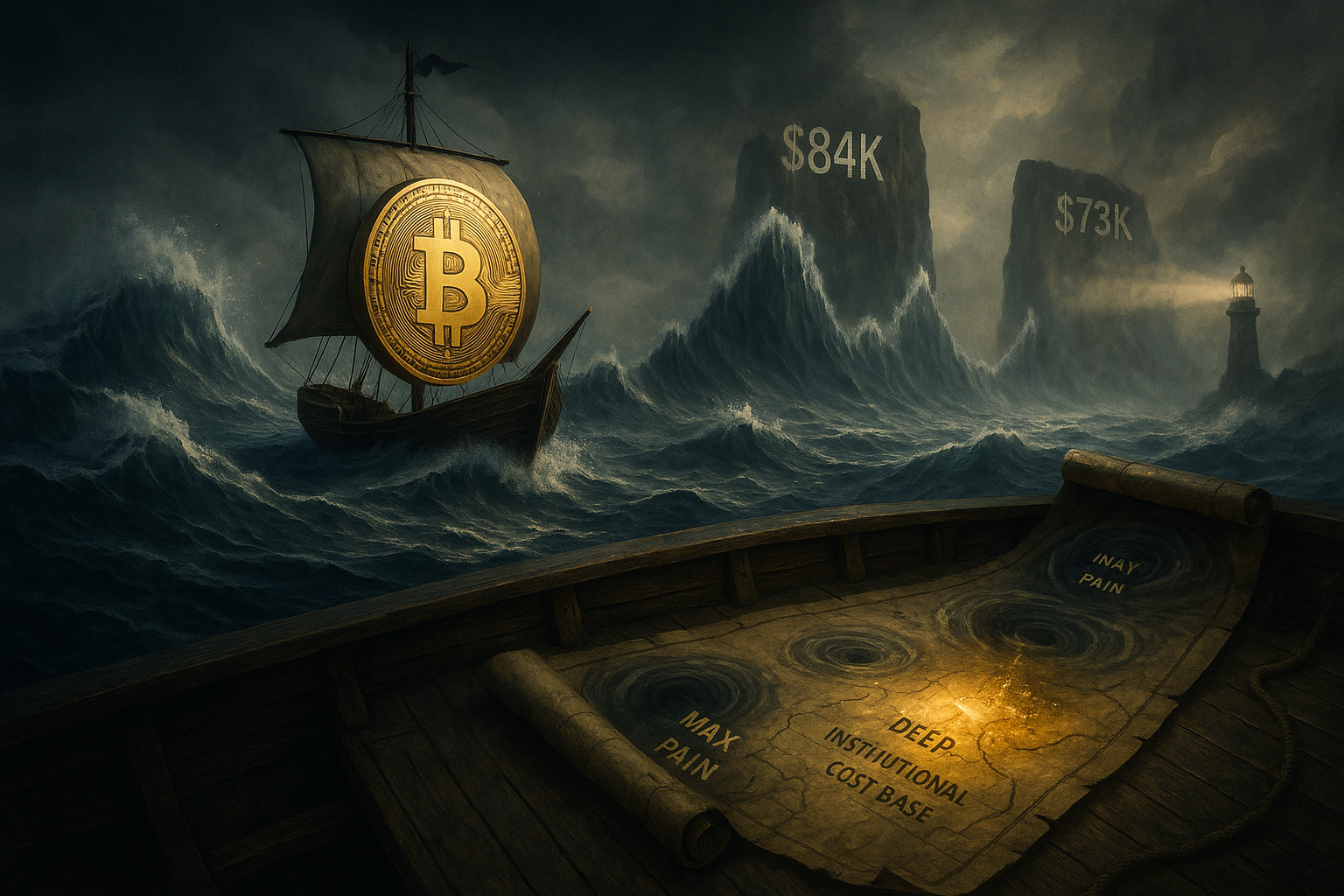 Bitcoin price chart approaching the $73K-$84K max pain range, highlighting potential institutional discounts