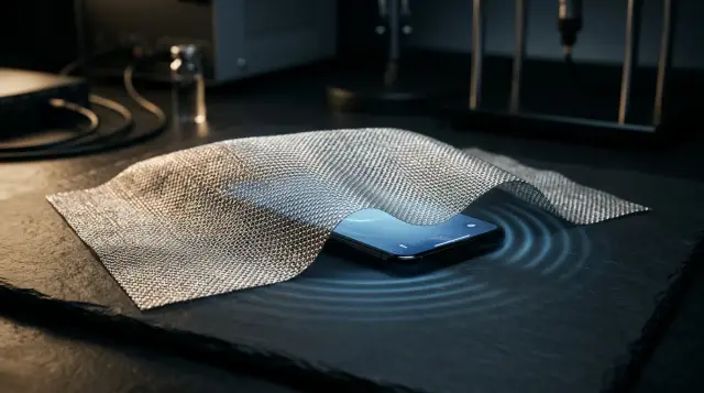 Silver-threaded conductive fabric draped over glowing smartphone demonstrating EMF shielding concept