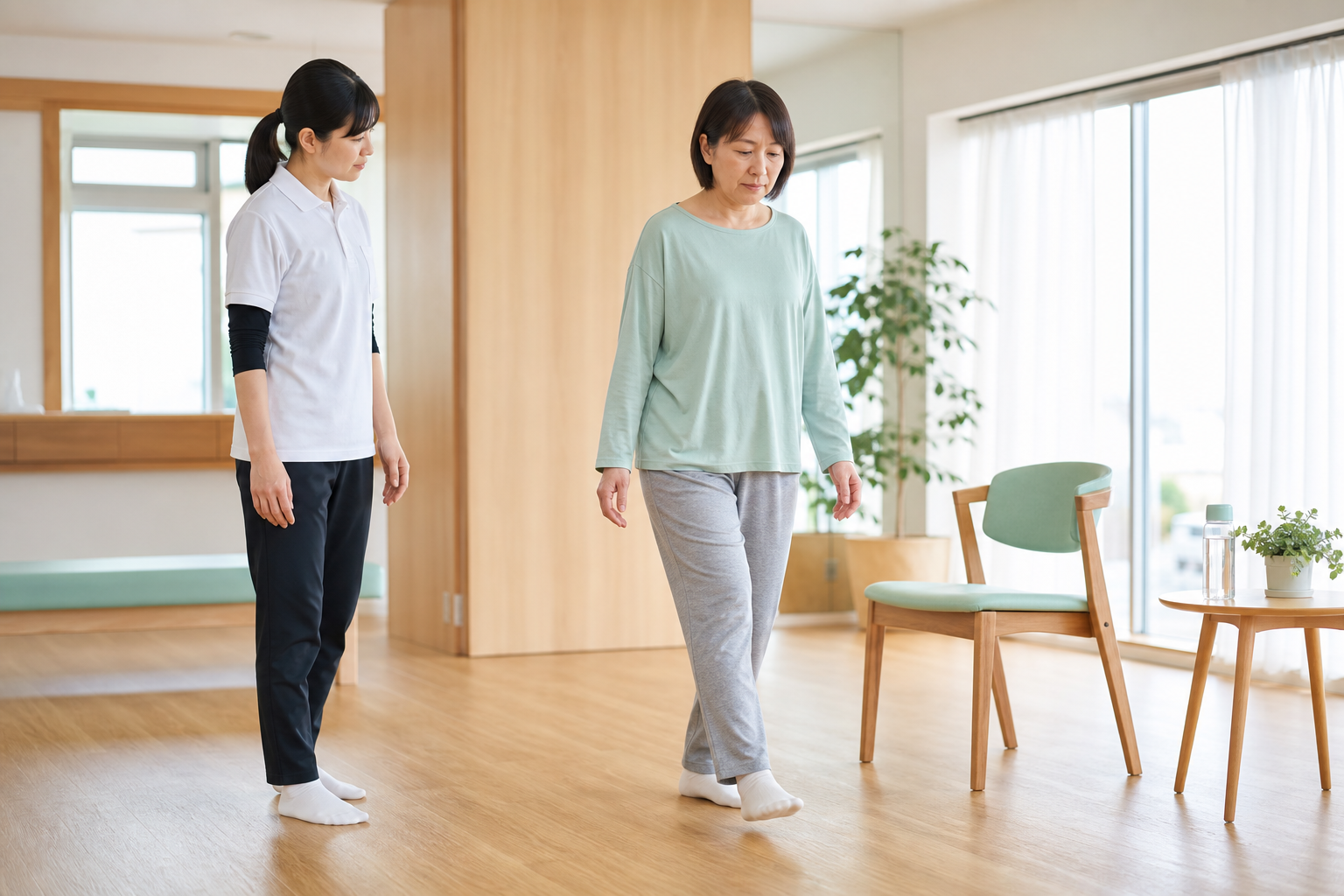 線維筋痛症の方が専門職の見守りでやさしく歩行練習を行う様子