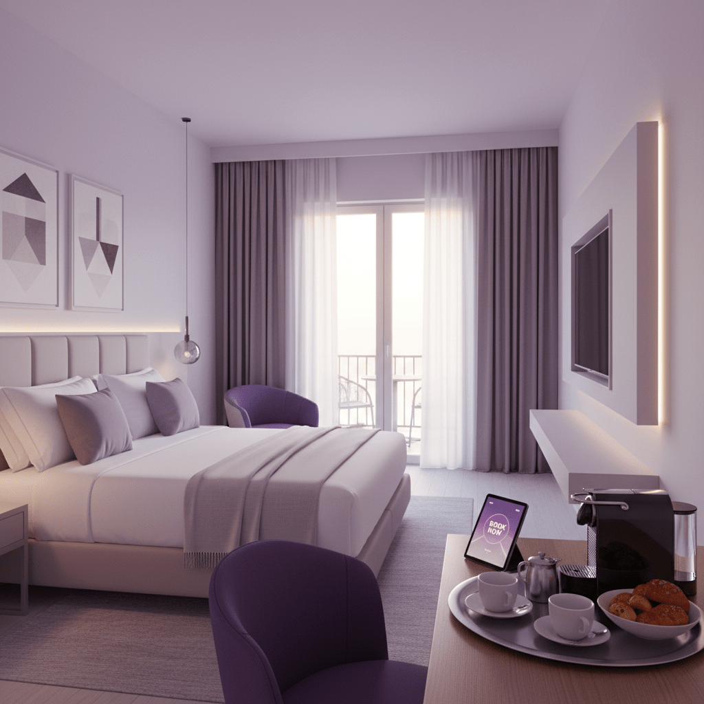 Polished hotel room and balcony light with strong visual appeal for OTAs