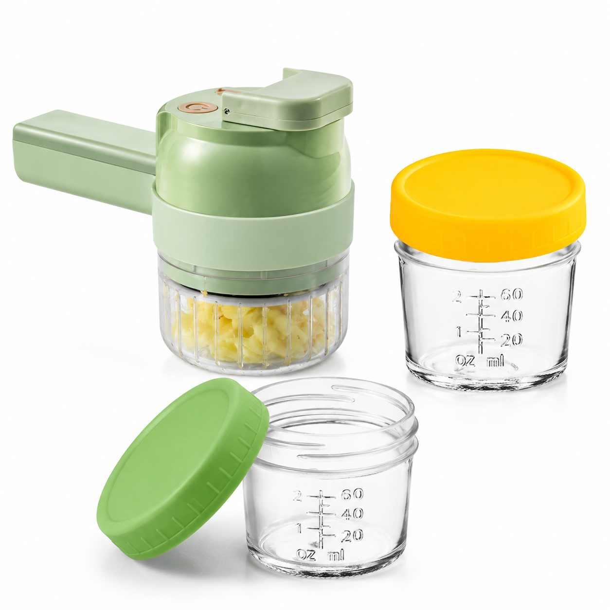 Seasoning Preparation and Storage Set-Green Electric Handheld Food Processor With Green lid and Yellow lid 4oz Glass Storage Jars - USB-C Charging - Multi-Function Chopper, Slicer and Cleaning Brush Set for Garlic Vegetables