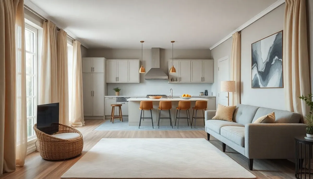 Curtains and a sofa in a living room adjacent to a kitchen, showing the soft furnishings that absorb and re-release cooking odour over time