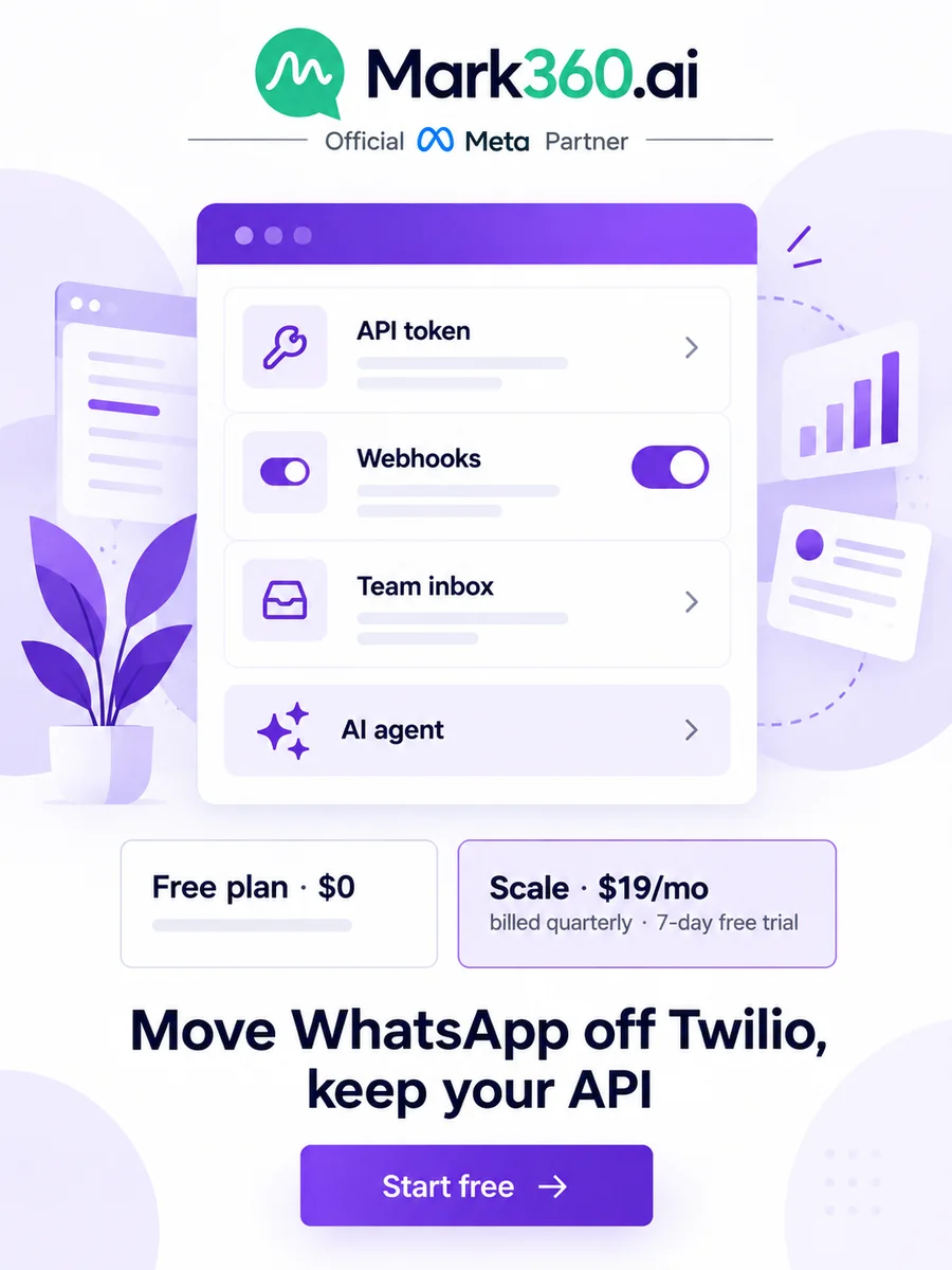 Move WhatsApp off Twilio and keep your API: Mark360 API tokens, webhooks, team inbox and AI agents, Free plan or Scale at $19/mo billed quarterly