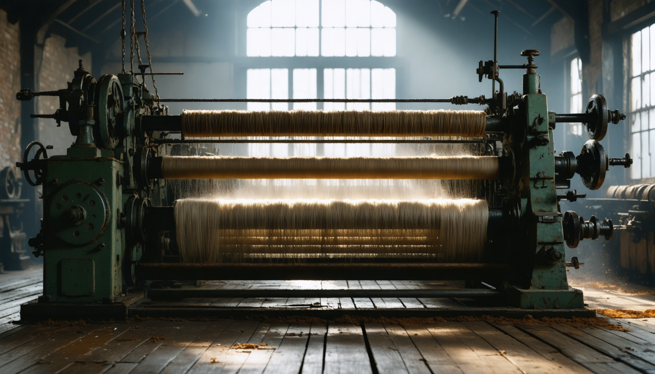 An empty industrial loom in a dim Victorian mill with dust suspended in a shaft of pale window light.