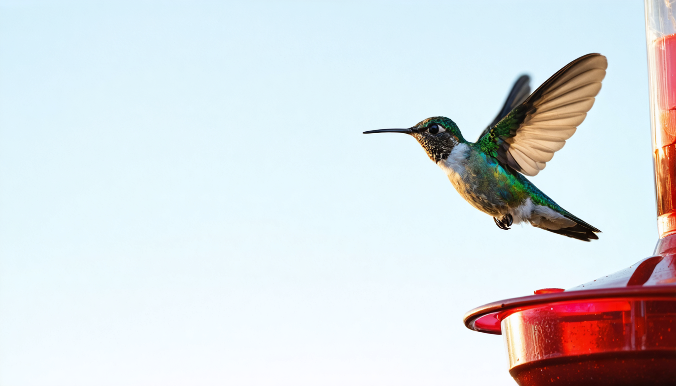 A single hummingbird suspended at a feeder in harsh daylight, wings blurred into a translucent haze.