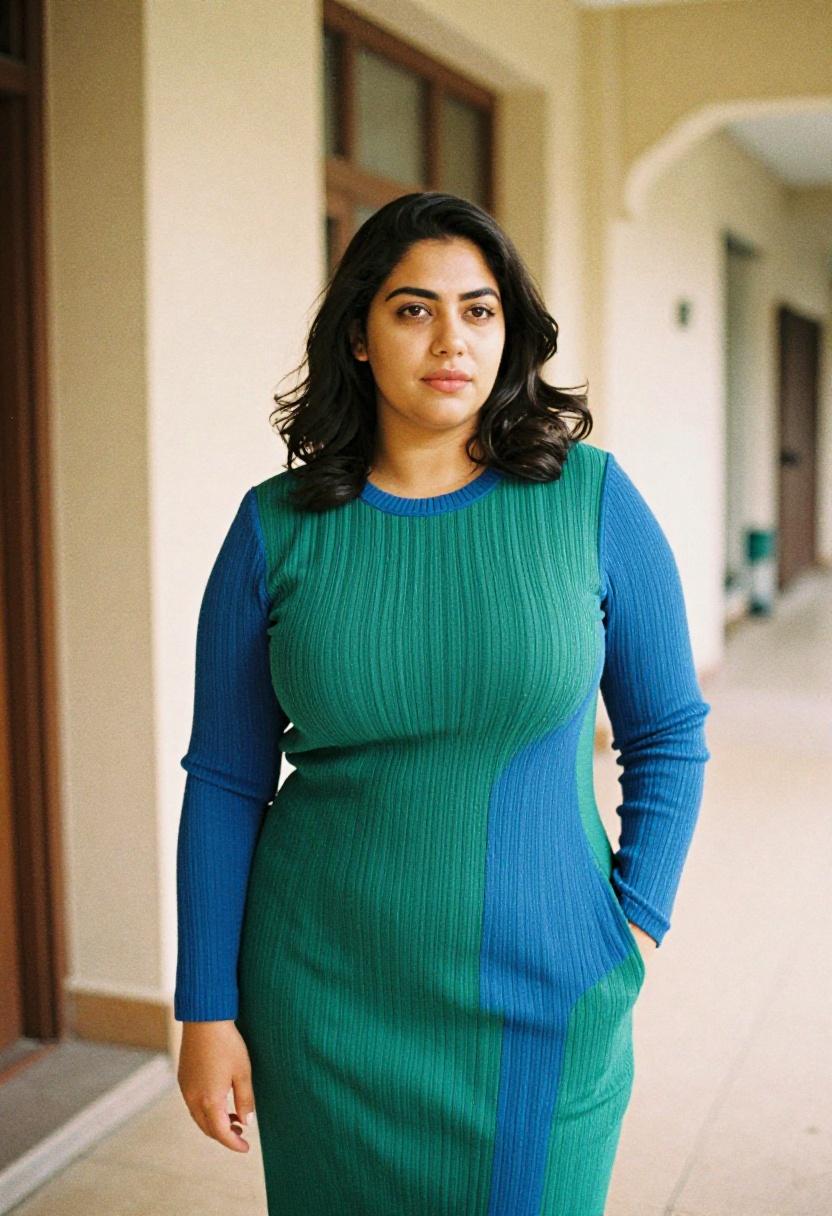 Color-block cobalt and green knit midi dress in an architectural office corridor