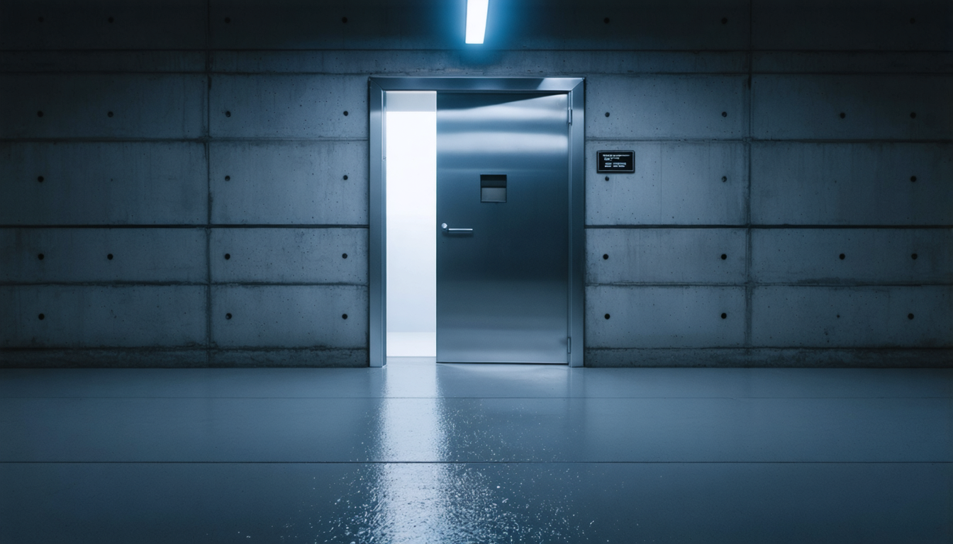 A heavy institutional door slightly ajar with diffused light visible through the gap, set in a concrete corridor