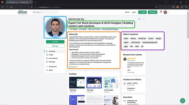 مثال على بروفايل احترافي للعمل الحر على مستقل للمبتدئين مع تمييز الأقسام المهمة بإطارات ملوّنة