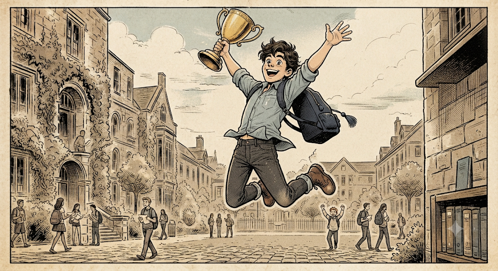 a bright-eyed young college graduate with a casual half-tucked shirt, a backpack slung over one shoulder, and an easy grin, leaping joyfully into the air while holding a golden trophy high overhead