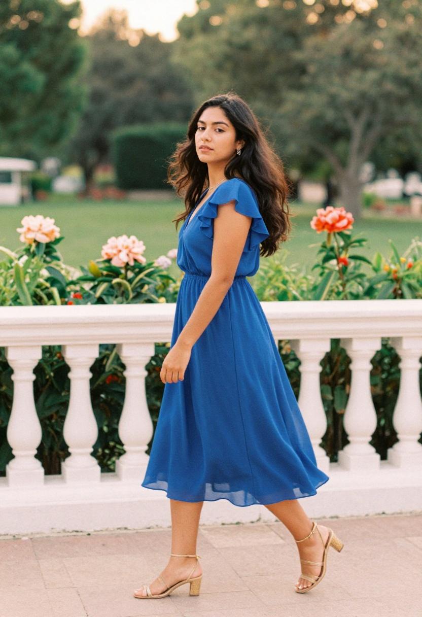 Cobalt blue flutter-sleeve midi dress on a sunlit garden terrace for a dreamy promposal setting
