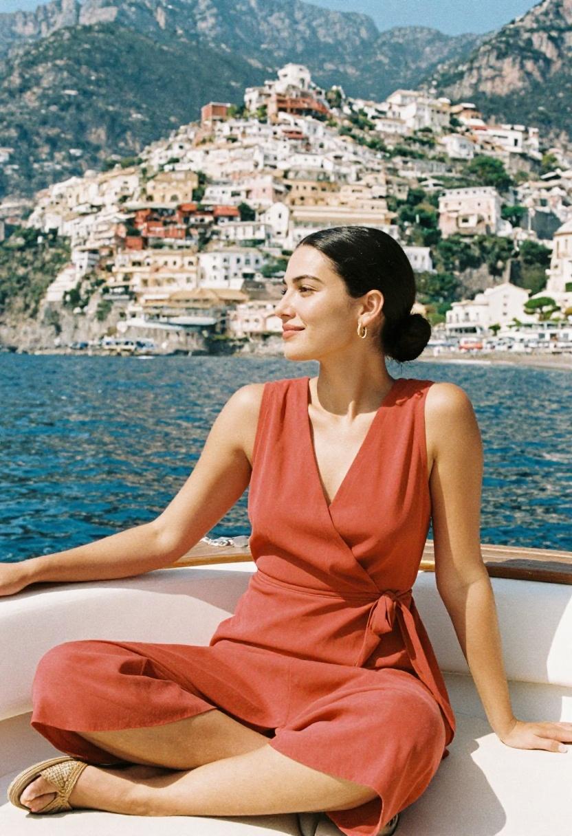 Terracotta wrap dress for boat deck and seaside dinner
