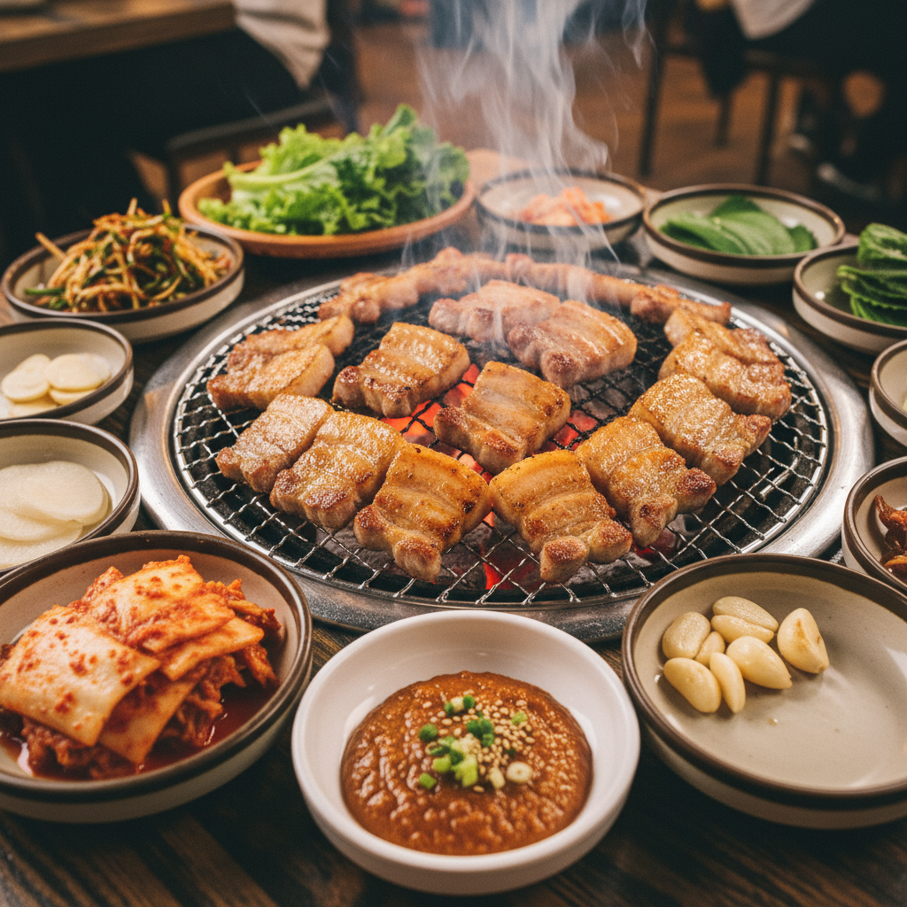 숯불 위에서 구워지는 마블링이 훌륭한 난축맛돈 생고기
