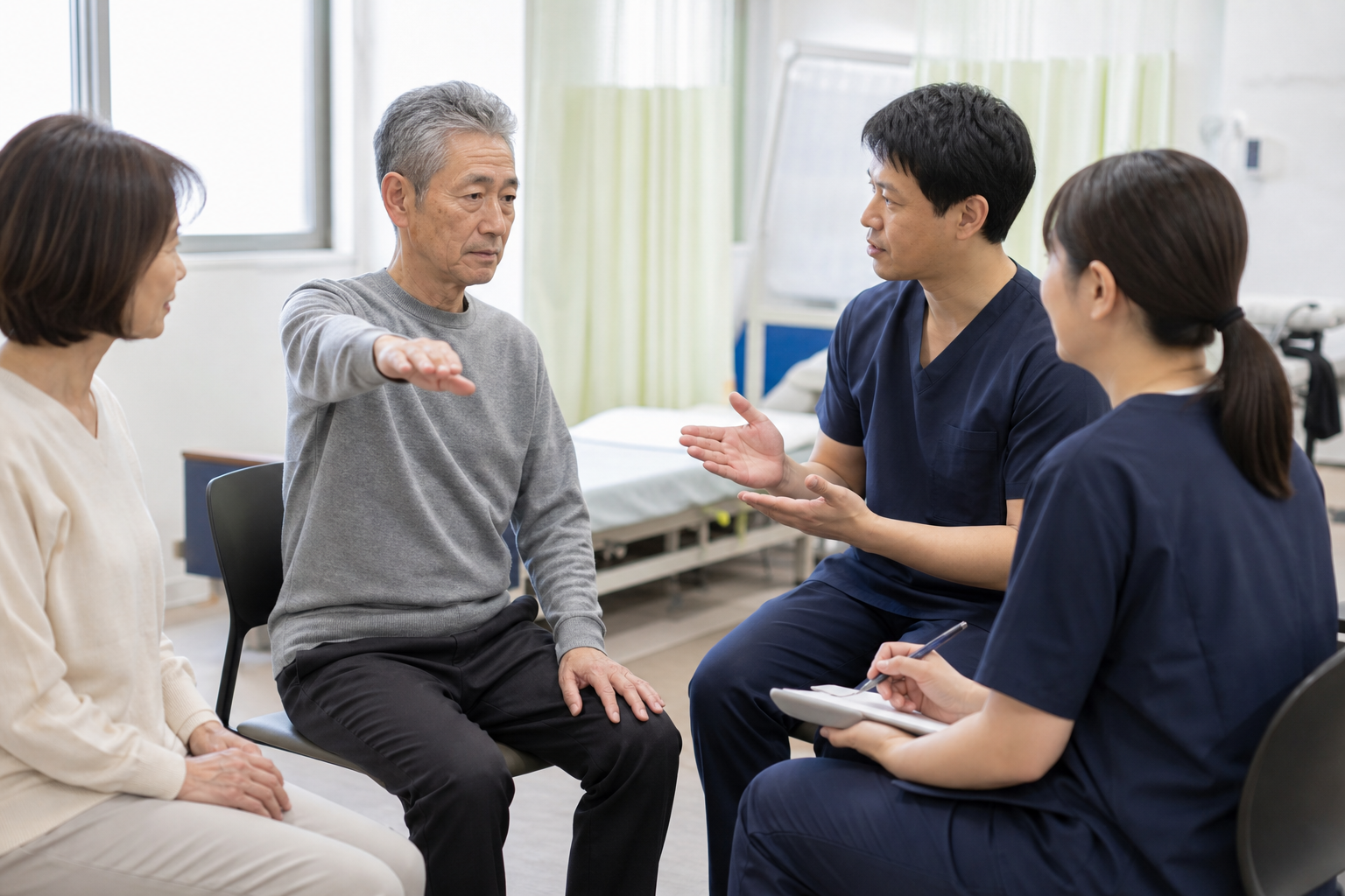 パーキンソン病の装置補助療法後に本人家族と多職種で状態を確認する場面
