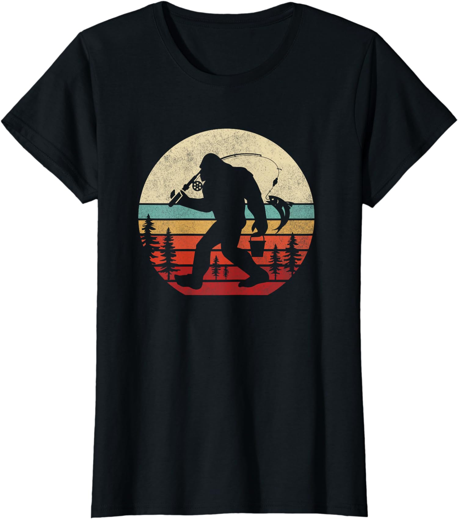 Dad Men Kids Bigfoot Fishing Funny Retro Sasquatch Ladies’ Crewneck T-Shirt