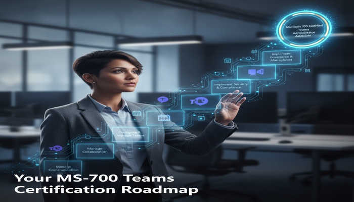 Your MS-700 Teams Certification Roadmap A professional engaging with a glowing digital roadmap for the MS-700 Teams exam, leading to the Microsoft Teams Administrator certification badge.