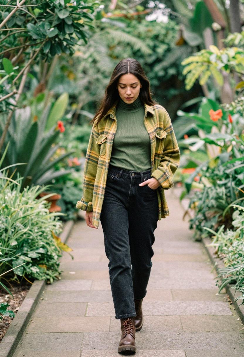 Open plaid shacket over turtleneck and dark denim for bohemian spring garden stroll style