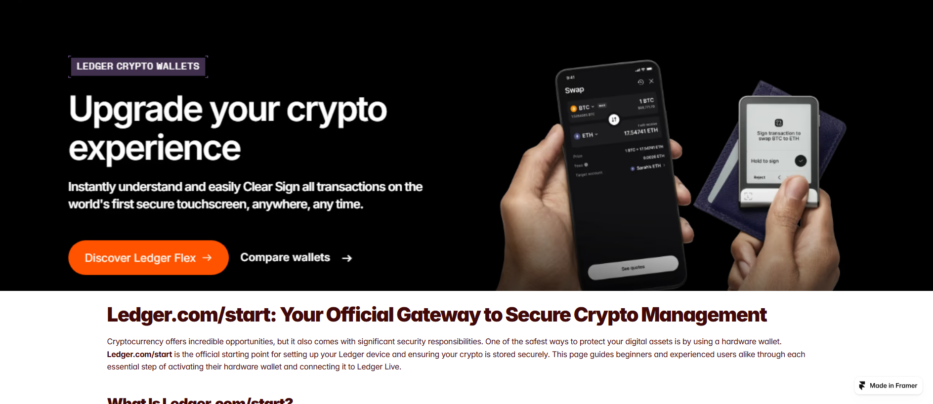 Forensic screenshot of leddger-strt.framer.media showing the phishing page layout