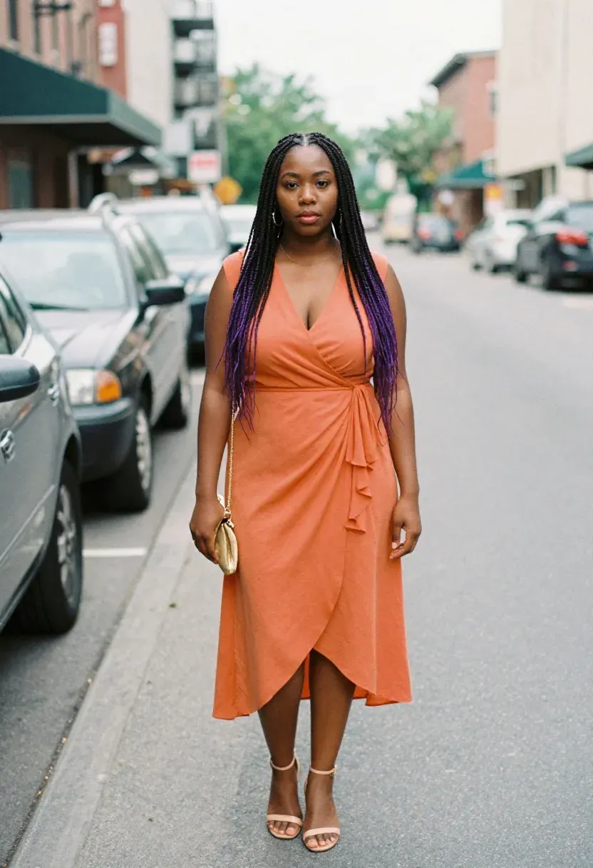 Curvy Black woman in a tangerine orange wrap dress standing confidently on an urban street