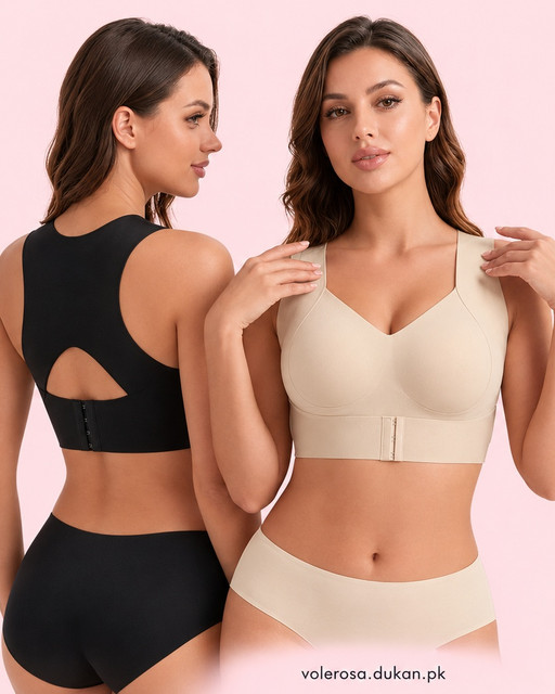 Front Closure Longline Seamless Bra Set – Posture Support & Full Coverage Lingerie, Back view