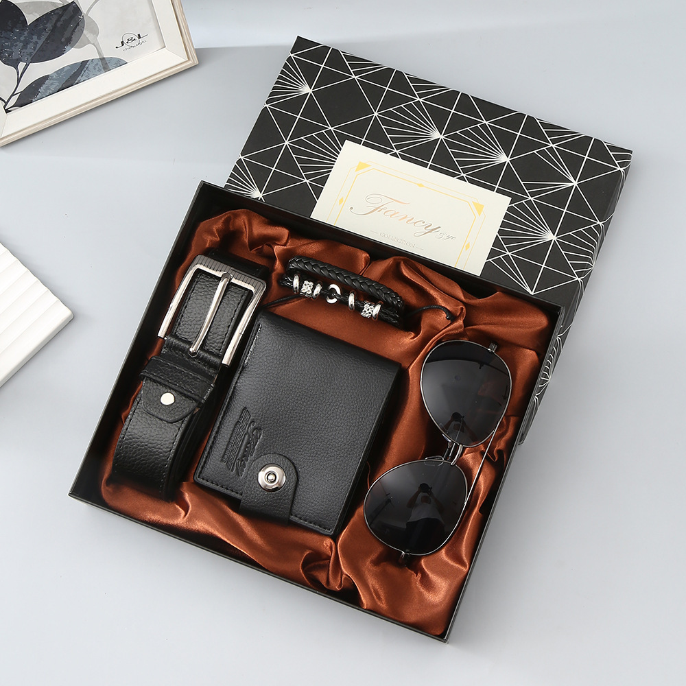 Black 4-Piece Men's Gift Set - Leather Wallet, Belt, Sunglasses & Bracelet in Luxury Gift Box - Perfect for Father's Day, Birthday, Christmas, Valentine's Day, Anniversary, Graduation, Retirement - Stylish & Practical Gift for Him