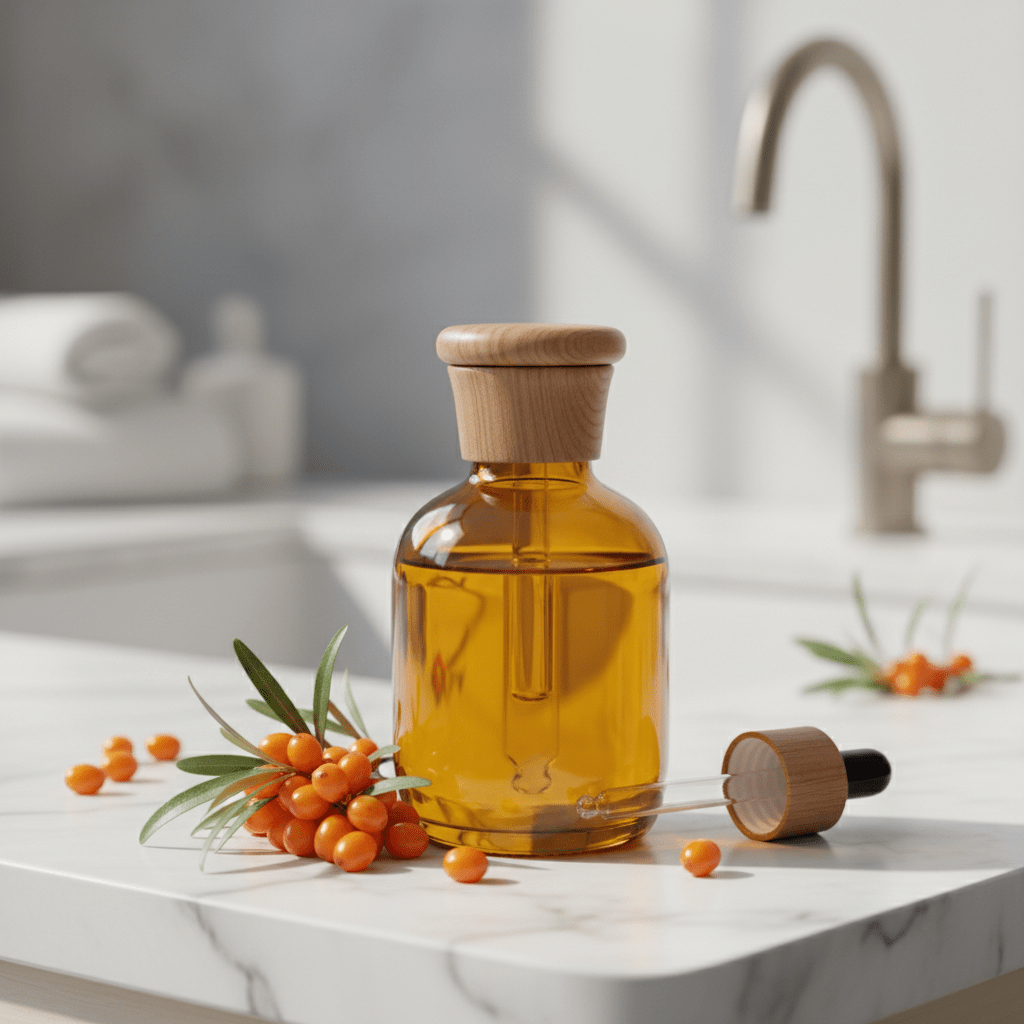 Amber bottle of sea buckthorn oil with fresh berries on a spa vanity