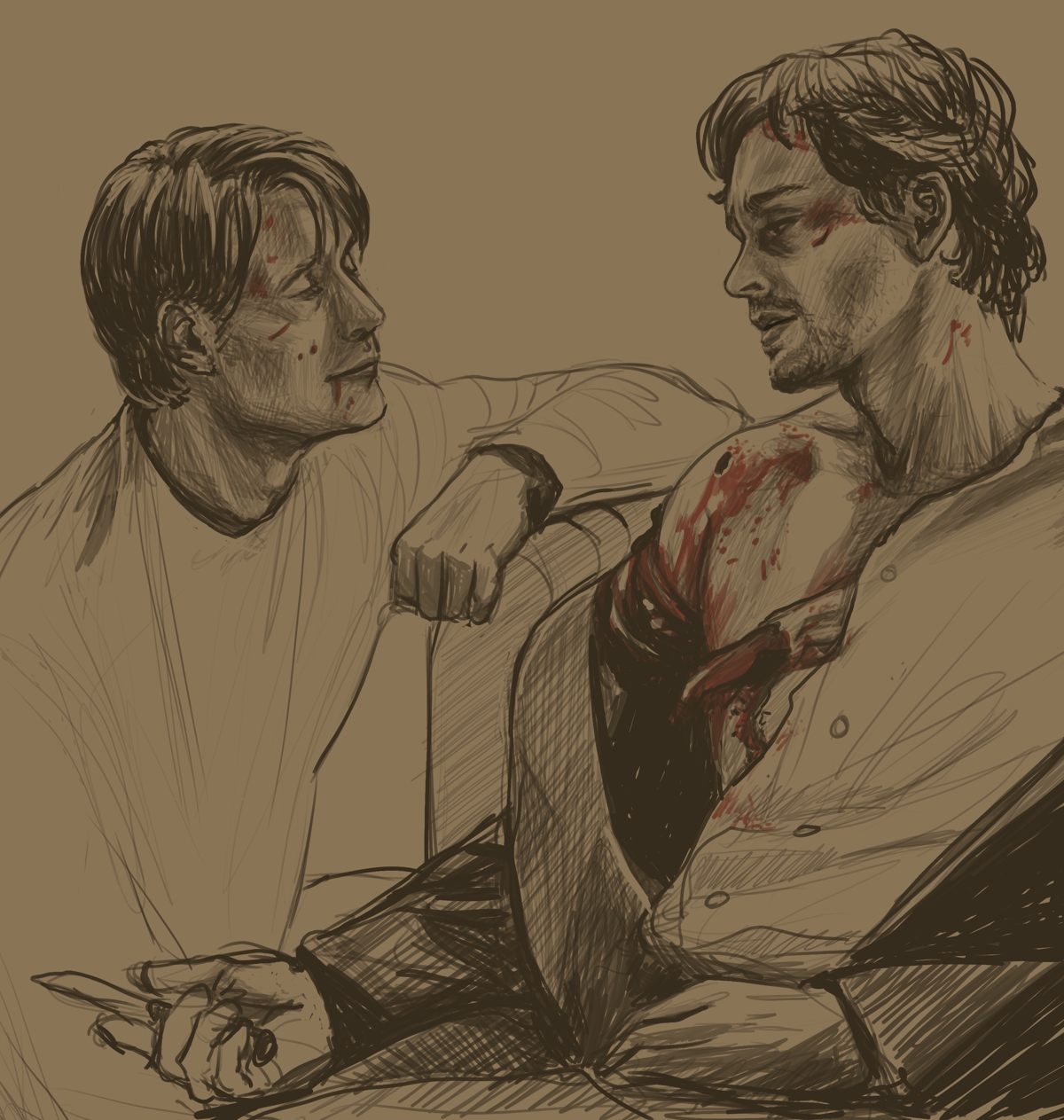Hanni tending to Will's shoulder bullet wound